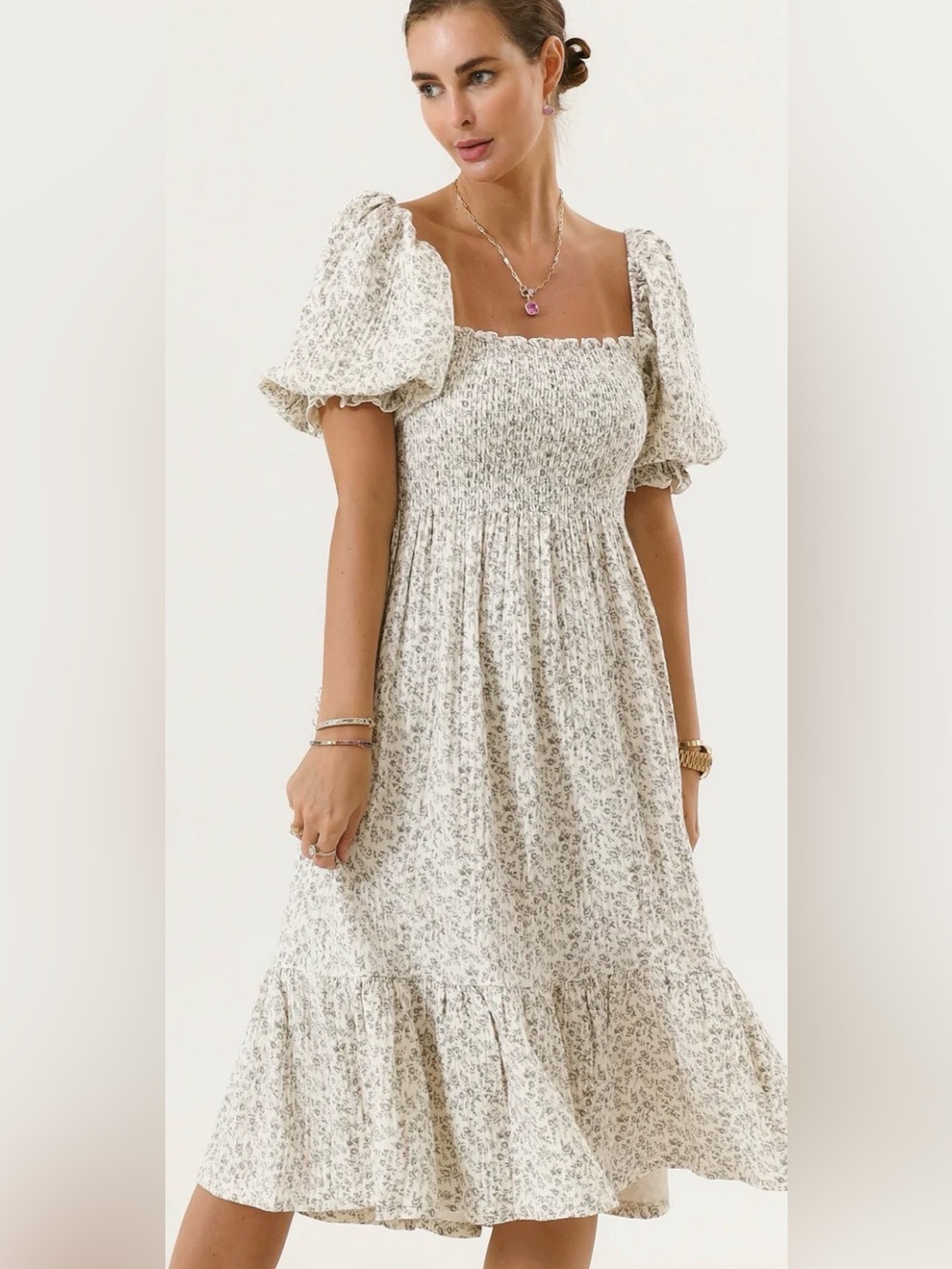 Nothing Fits But Women's Dress Floral Cream Maternity Smocked Sz M